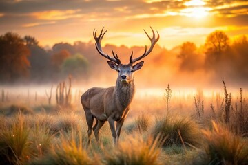 Obraz premium Misty Morning Deer Field - Long Exposure Photography, Wildlife Nature Scene, Autumnal Meadow, Peaceful Sunrise
