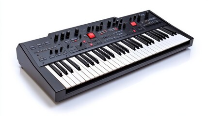 A sleek synthesizer with black keys and red accents, designed for music production and performance.