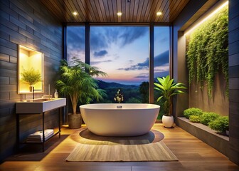 Fototapeta premium Modern Bathroom Night Photography: Freestanding Tub, Minimalist Design, Dark Ambiance, Luxury Bath, Interior Design, Night Lighting, Spa-Like Bathroom