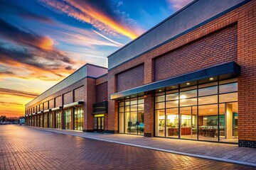 Obraz premium Modern Brick Shopping Mall Dusk Minimalist Photography - Large Windows, Architectural Detail, Retail Exterior