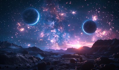 A breathtaking view of an alien landscape under a vibrant, star-filled sky. Two celestial bodies dominate the scene, adding to the otherworldly atmosphere.