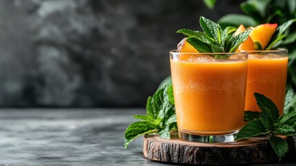 A delicious peach smoothie adorned with fresh mint leaves, presented in a stylish glass on a wooden platform, showcasing a blend of health and aesthetics.
