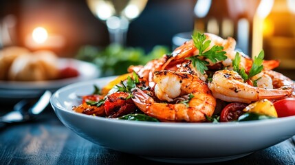 A delectable seafood dish featuring juicy shrimp, roasted vegetables, and fresh herbs served on an elegant plate, perfect for a gourmet dining experience.