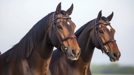 Two elegant horses stand side by side, showcasing their beauty and grace against a soft background.
