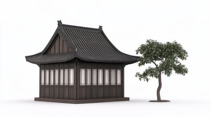 Fototapeta premium A traditional Asian-style wooden structure with a sloped roof, accompanied by a small tree, creating a serene and harmonious outdoor setting.