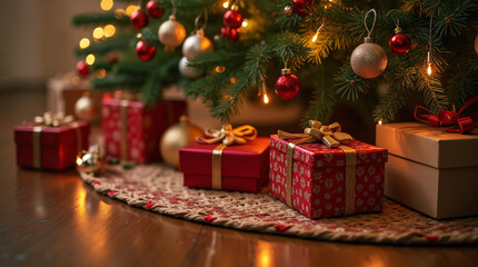 A Christmas-themed decorated pine tree with gifts underneath.