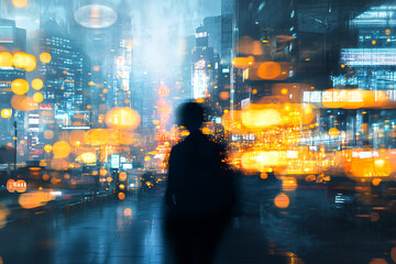 Fototapeta premium Amber city lights contrasting with the cool evening sky, urban nightscape, and atmospheric mood concept