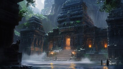 Fototapeta premium Ancient Lost Temple Surrounded by Lush Jungle and Rainy Atmosphere