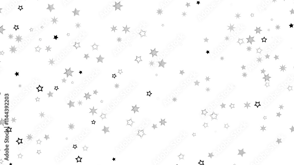 Poster a black background with a scattering of silver stars. the stars are of varying sizes and shapes, cre