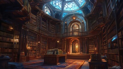 Fototapeta premium Majestic Grand Library with Stained Glass and Warm Lighting