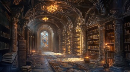 Fototapeta premium Enchanted Library Interior with Warm Light and Ancient Books