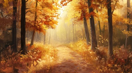 Serene Autumn Pathway Through a Colorful Forest Landscape