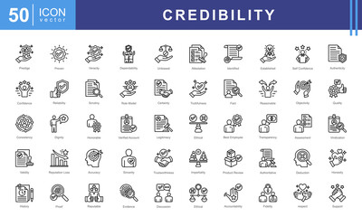 Credibility icon collection set. Containing trustworthiness, reliability, authenticity, integrity, honesty, dependability, accountability icon.
