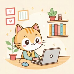 Cute Cat Working on Laptop in a Cozy Home Office