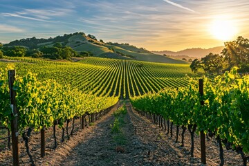 As the sun sets, it casts its rays over a vineyard in Temecula, California.