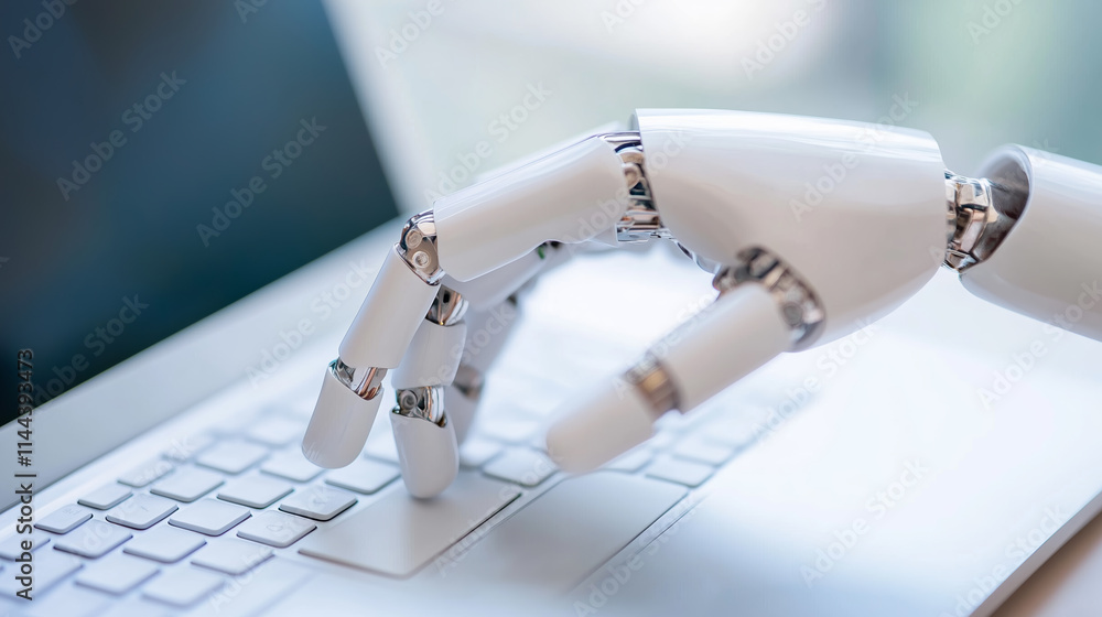 Poster robotic hand interacting with laptop keyboard in a modern workspace environment