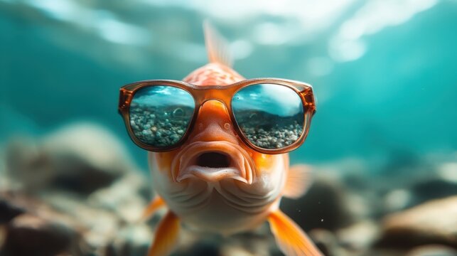 A fish swims with confidence underwater, sporting trendy sunglasses, showcasing boldness and humor in a bright aquatic environment that captivates the eye.