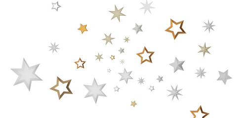 An abstract design of golden and white stars scattered on a black background, creating a festive and celebratory feel.