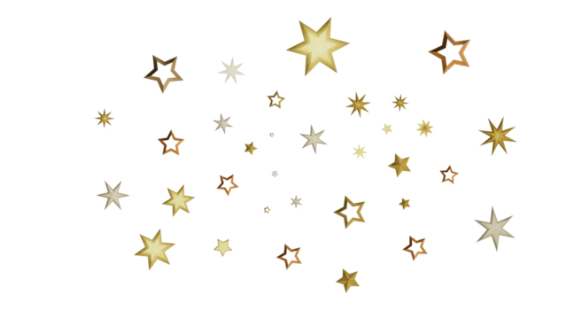 A collection of gold stars on a black background, twinkling with a soft glow. The stars are scattered randomly across the image, creating a sense of movement and energy.