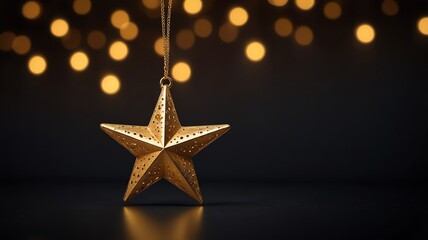 Here are a few options for your stock photo description, all under 200 characters:...**Option 1 (Focus on elegance):**..> Elegant gold star ornament hanging against a bokeh backgro