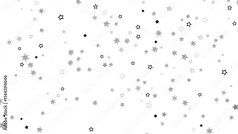 Poster a black background with a scattering of silver stars. the stars are of varying sizes and shapes, cre