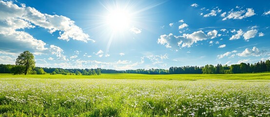 A wide photo of a field with blooming flax and the sunrise in the sky.