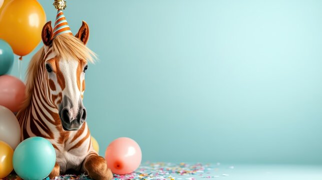 A cheerful horse, adorned with a whimsical party hat, stands among a vibrant collection of balloons, capturing a festive spirit and inducing joy and amusement.