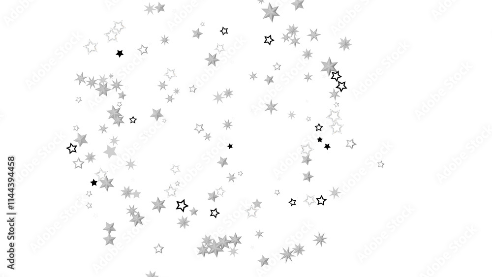 Poster a black background with a scattering of silver stars. the stars are of varying sizes and shapes, cre