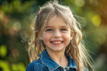 young girl smiling showing her wobbly tooth looking happy