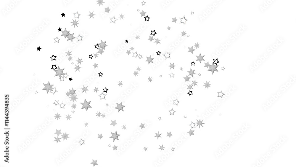 Poster a black background with a scattering of silver stars. the stars are of varying sizes and shapes, cre