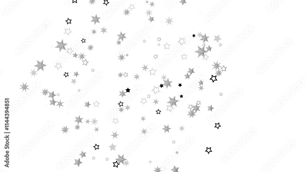 Poster a black background with a scattering of silver stars. the stars are of varying sizes and shapes, cre