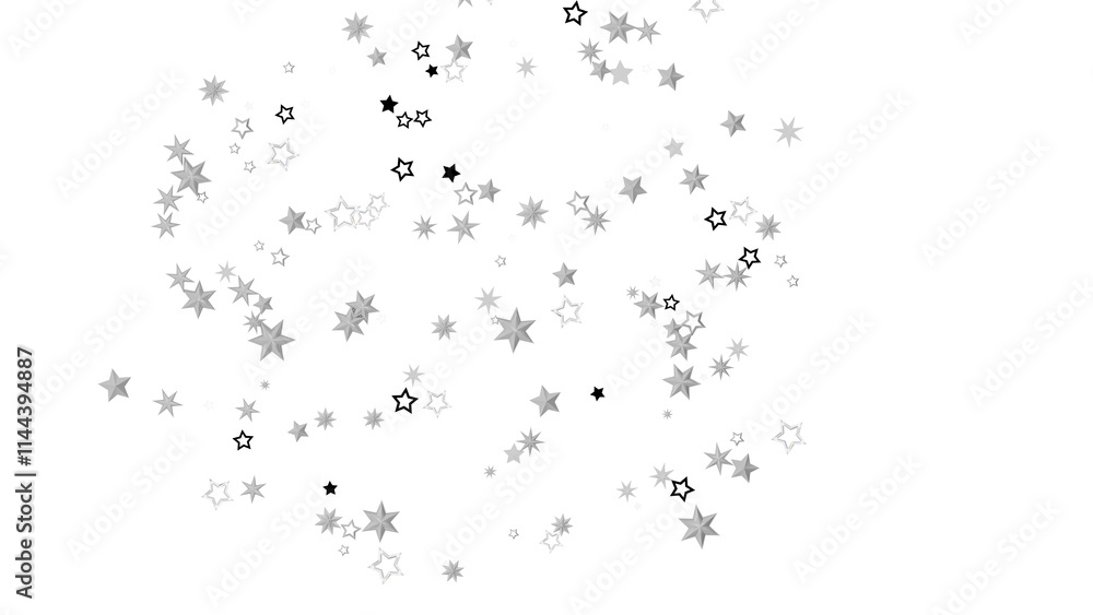 Poster a black background with a scattering of silver stars. the stars are of varying sizes and shapes, cre