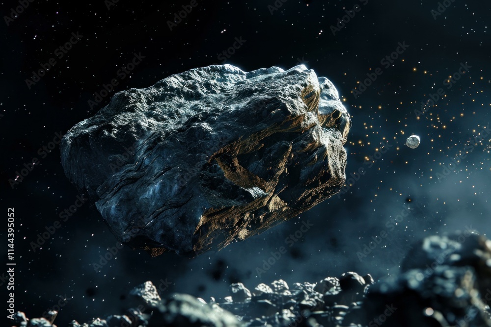 Poster large asteroid is traveling through space surrounded by smaller asteroids