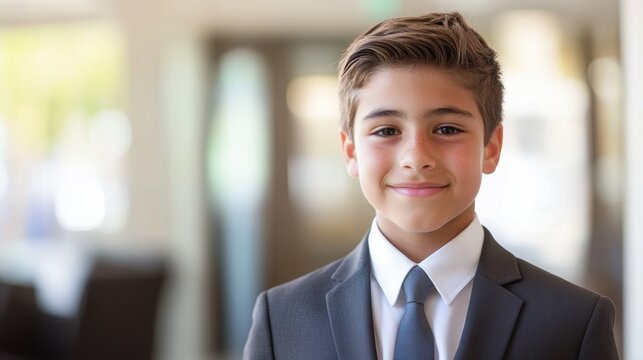 Teen CEO Month Young caucasian male child in formal attire smiling indoors