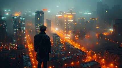 A figure gazes over a foggy cityscape filled with glowing lights at night.