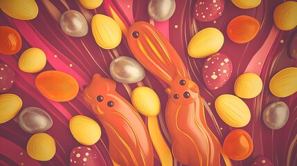 delightful close-up of foil-wrapped chocolate easter bunnies and candy eggs – perfect for festive posters and springtime decor in your home or seasonal events!