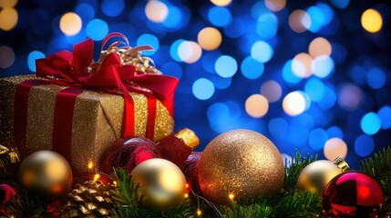 Obraz premium Glimmering Gold: Elegant Christmas Tree Ornaments and Gifts on Blue Background