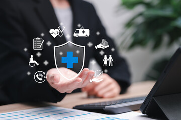 Healthcare and insurance online, Health planning in retirement concept, Businesswomen check health...