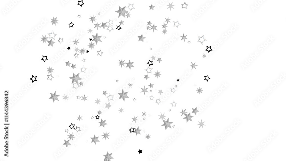 Poster a black background with a scattering of silver stars. the stars are of varying sizes and shapes, cre