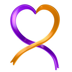 Purple And Orange Awareness Ribbon Heart Shape In 3D Render with transparent background