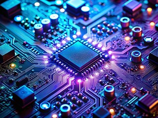 Obraz premium Night Circuit Board Photography: Closeup Chip, Electronic Components, PCB, Tech, Dark Background