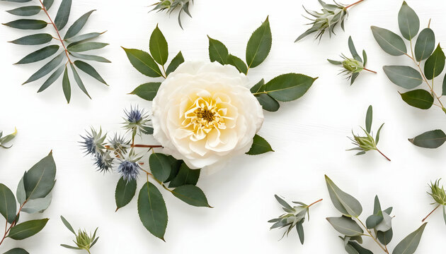 Beige rose flowers, eringium flower, eucalyptus branches on white background. Flat lay, top view. Floral background