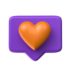 Orange Heart On Purple Speech Bubble Icon In 3D Render with transparent background