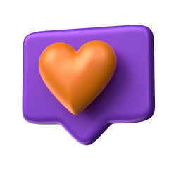 Orange Heart On Purple Speech Bubble Icon In 3D Render with transparent background