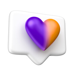 Half Purple And Orange Heart On White Speech Bubble In 3D Render with transparent background