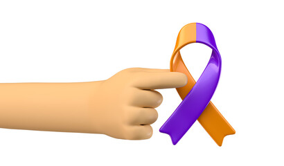 Hand Holding Purple And Orange Awareness Ribbon In 3D Render with transparent background