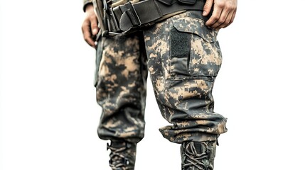 Fototapeta premium Soldier: A camouflage uniform with combat boots and a utility belt, isolated on a white background. 