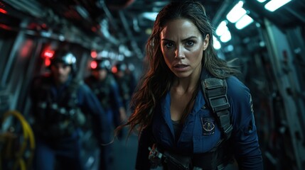Obraz premium A powerful image of a determined woman leading her team in a high-stakes environment, reflecting strength, resilience, and teamwork amidst dramatic lighting and tension.