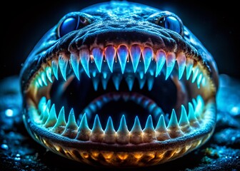 Fototapeta premium Night Ocean Fish Teeth: Bioluminescent Deep Sea Predator Jaws, Underwater Macro Photography, Dark Aquatic Life