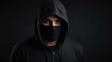 Here are a few options for your stock photo description, all under 200 characters:..**Option 1 (Focus on mystery):**..> Mysterious figure in black hoodie and mask